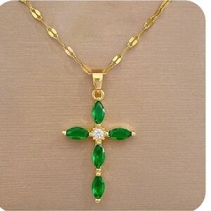 Elegant Gold and Green Cross Pendant Necklace